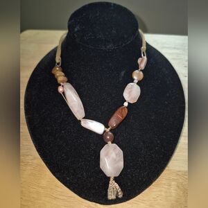 Silpada Sterling Silver, Rose Quartz, Pearl,  Wood Bead And Leather Necklace